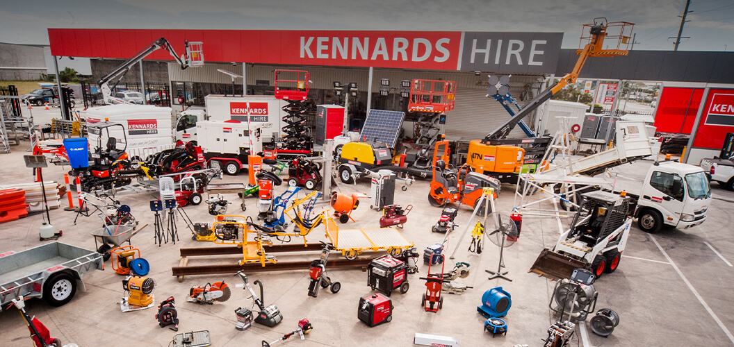 A birds eye view shot of a Kennards Hire branch with a large range of equipment placed out the front of the branch